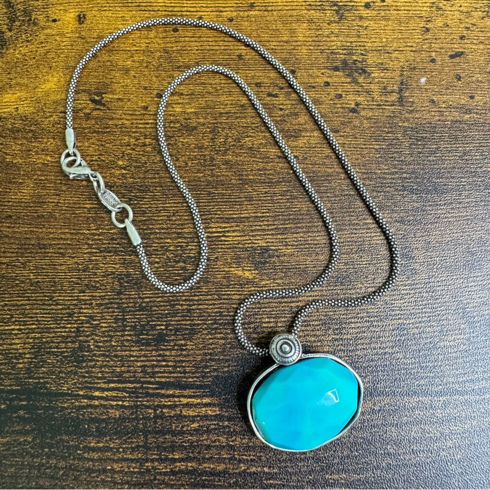 Scooter Paris Turquoise Acrylic Necklace Silver Tone Chain 18”
